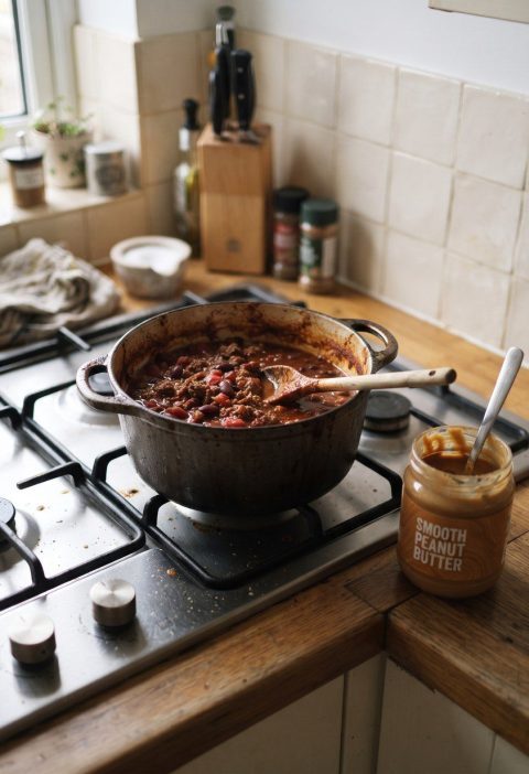 A pot of chili on the hob beside a jar of peanut butter