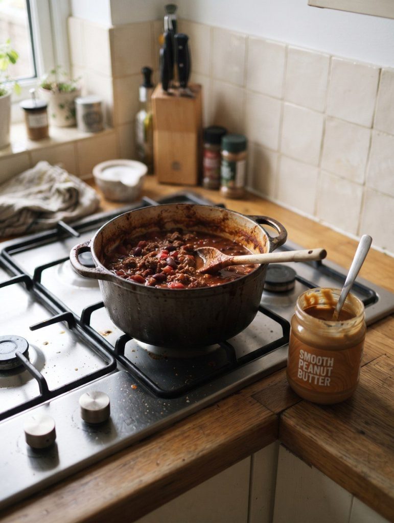 A pot of chili on the hob beside a jar of peanut butter