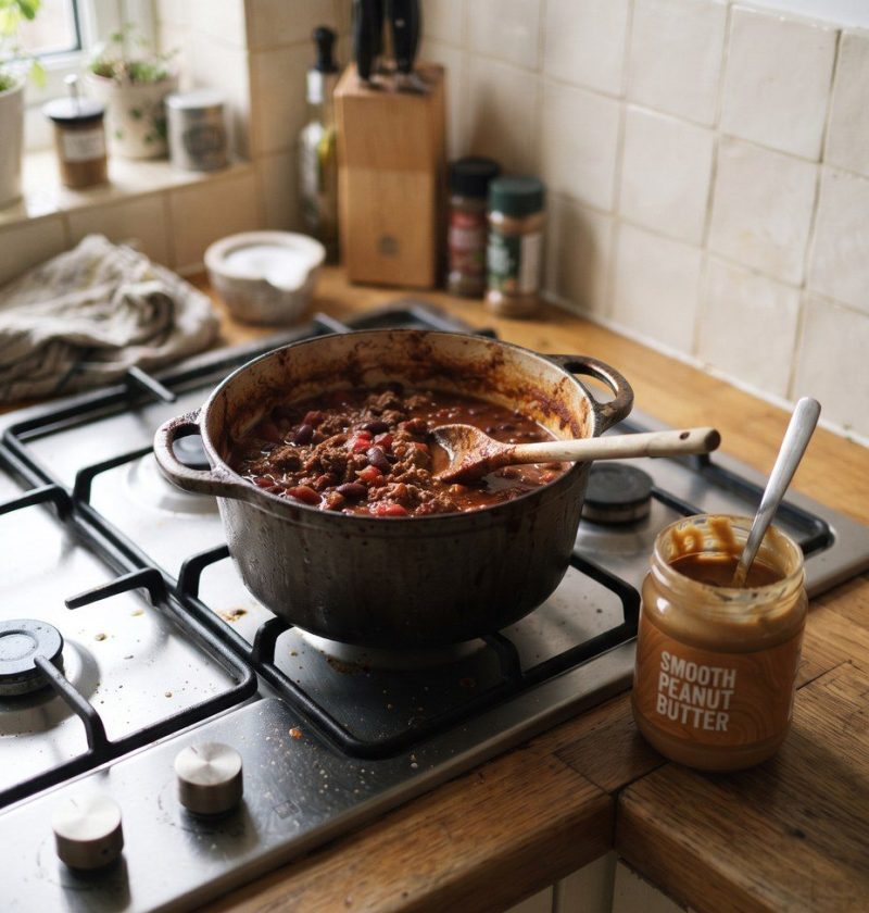 A pot of chili on the hob beside a jar of peanut butter