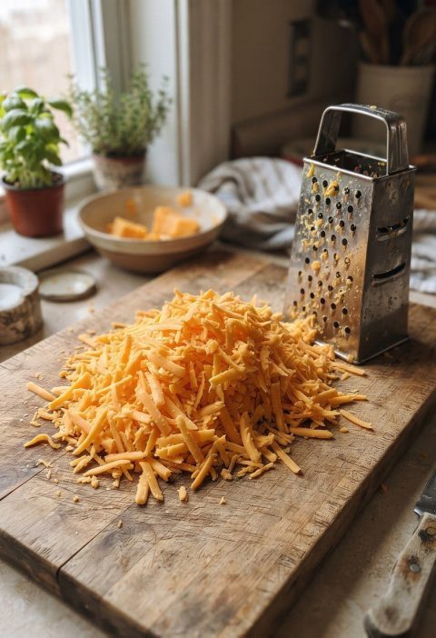 A large pile of freshly grated cheddar beside a box grater