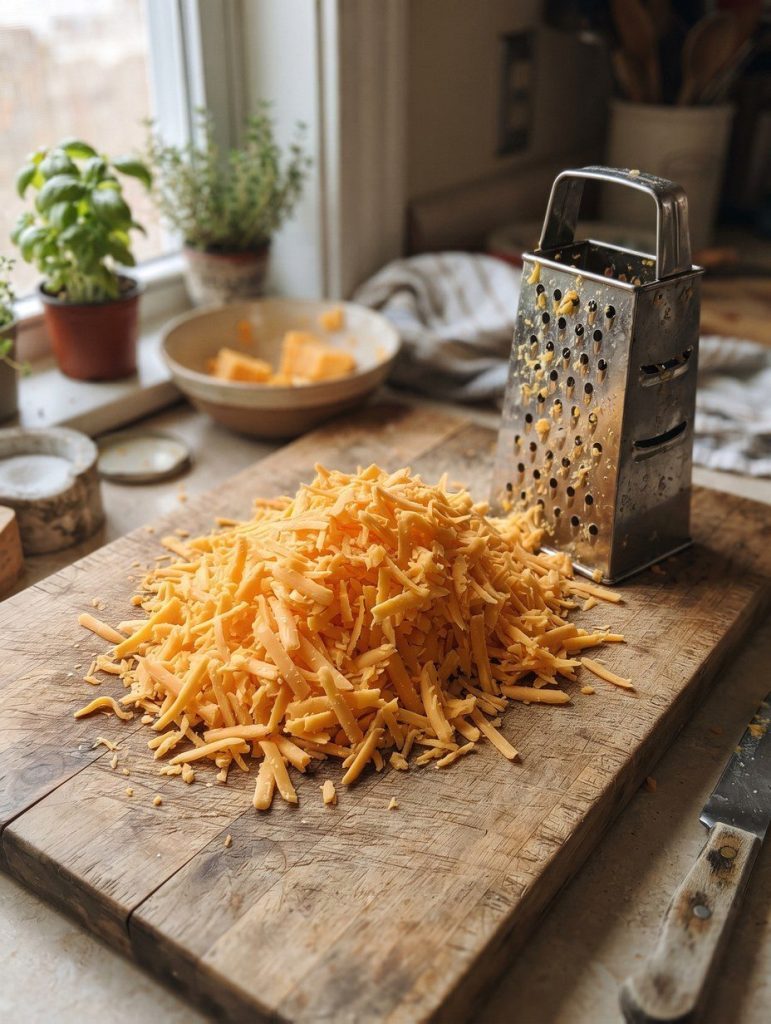 A large pile of freshly grated cheddar beside a box grater