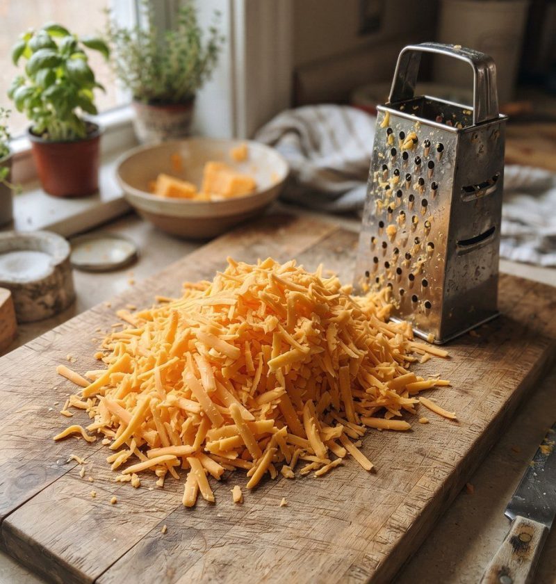 A large pile of freshly grated cheddar beside a box grater