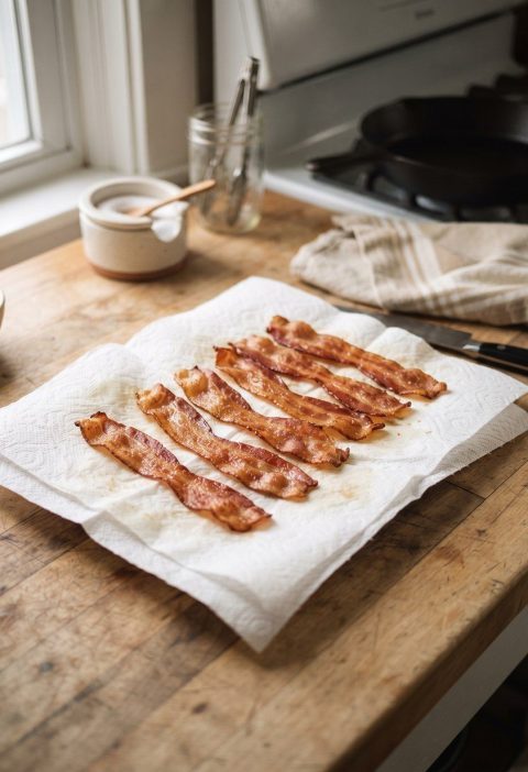 Crisp flat bacon strips draining on kitchen paper