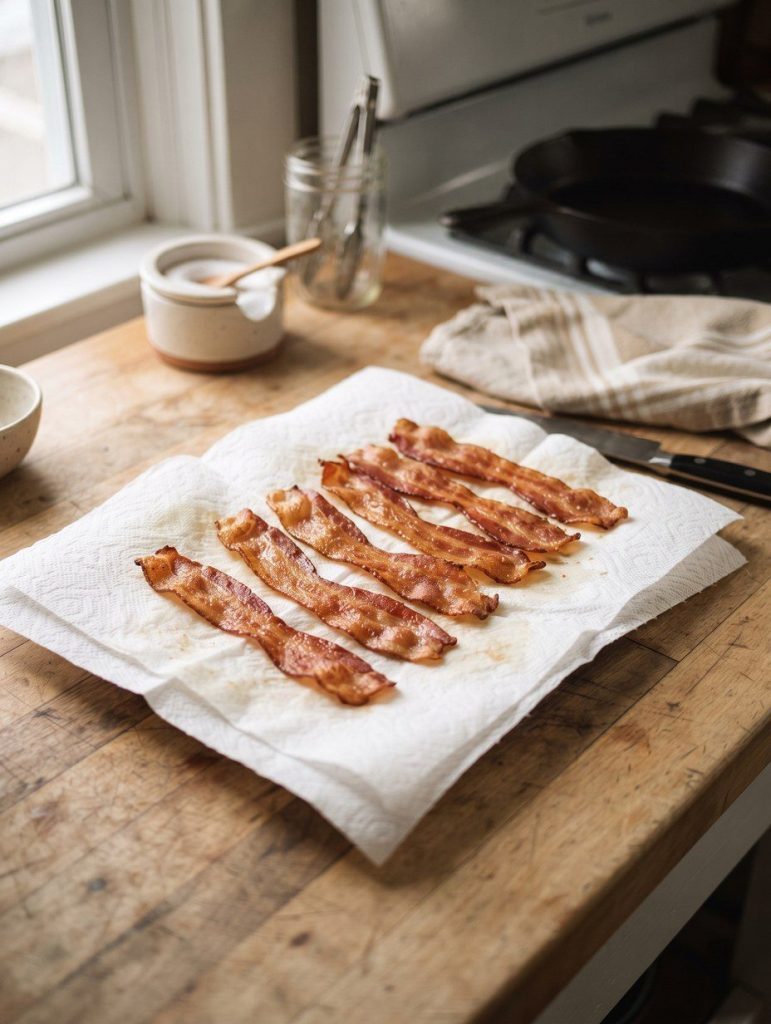 Crisp flat bacon strips draining on kitchen paper