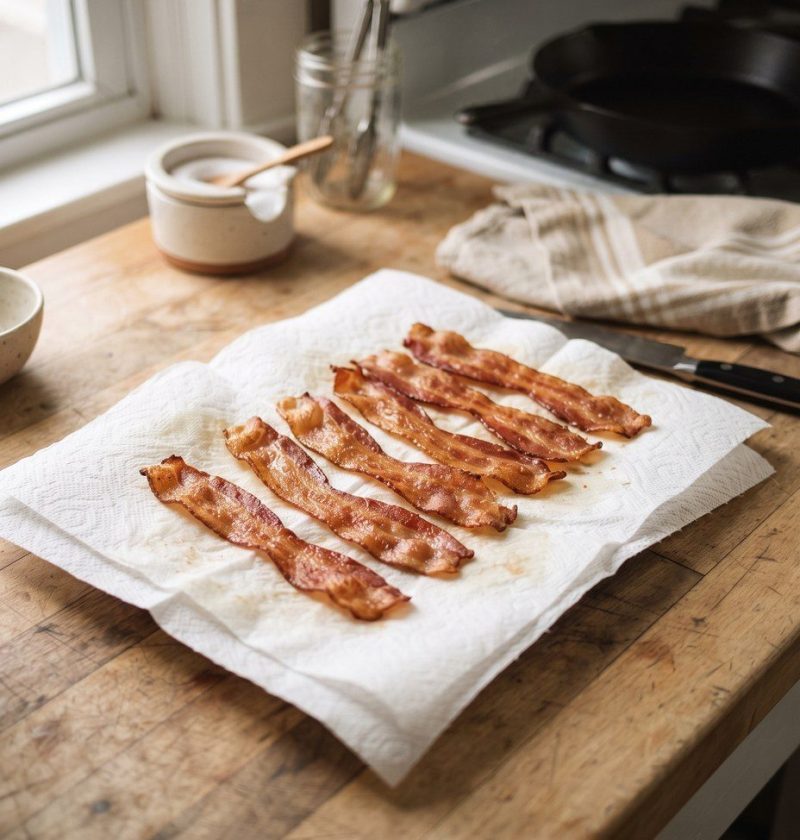 Crisp flat bacon strips draining on kitchen paper