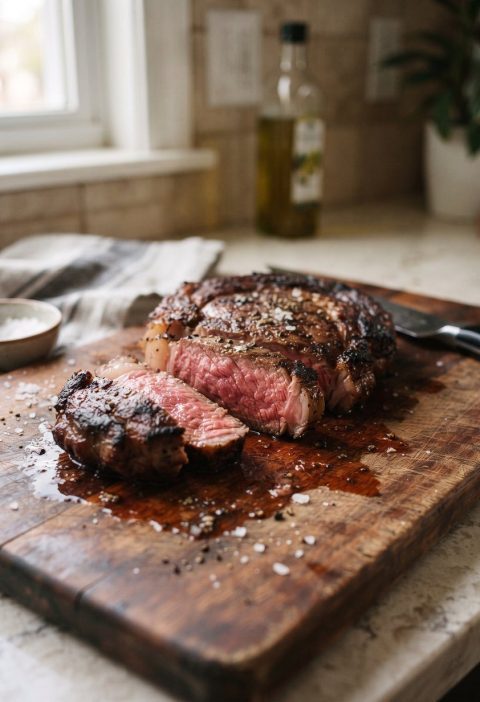A sliced steak with a dark seared crust