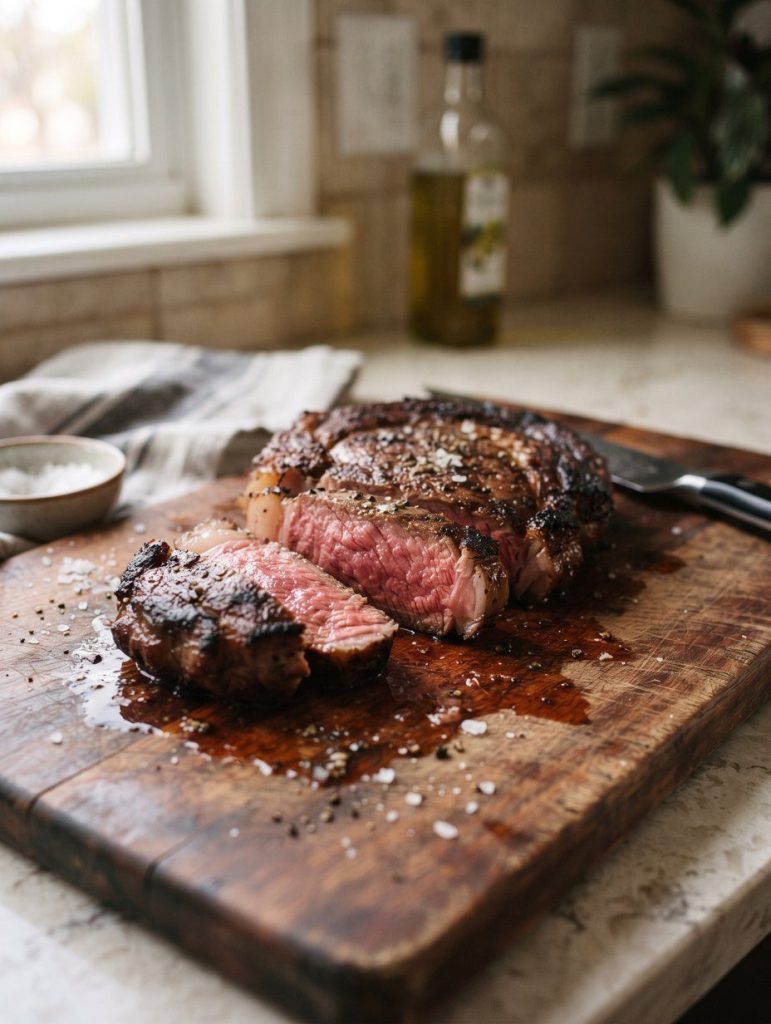 A sliced steak with a dark seared crust