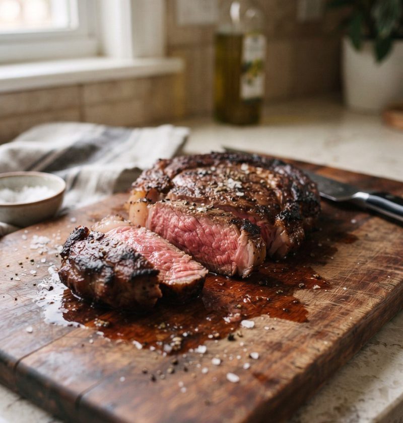 A sliced steak with a dark seared crust