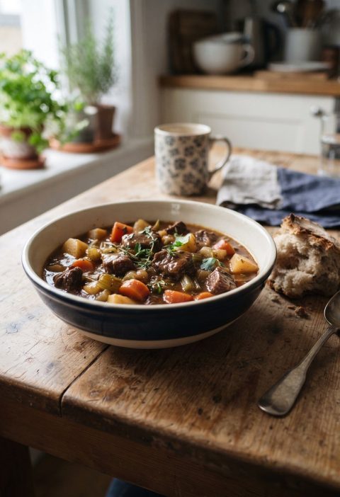 A bowl of rich beef stew with crusty bread