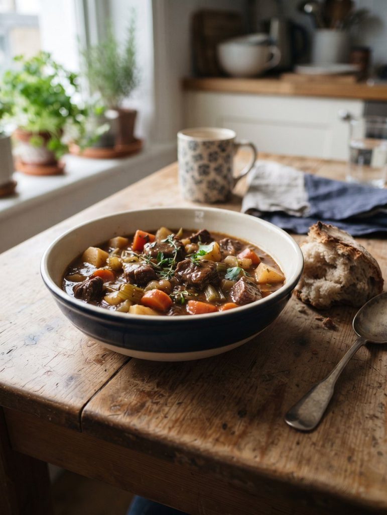 A bowl of rich beef stew with crusty bread