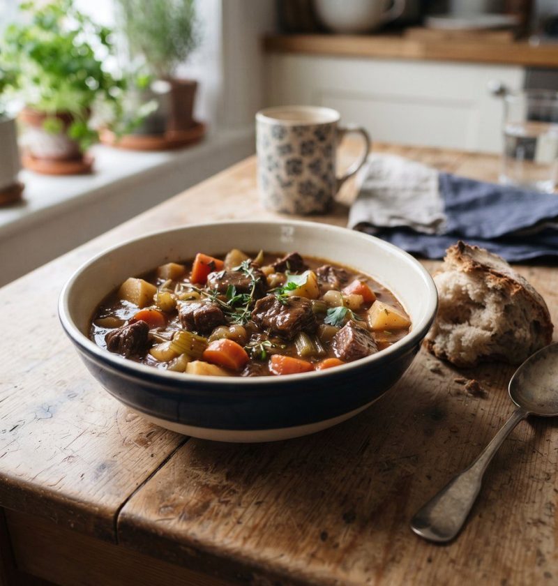 A bowl of rich beef stew with crusty bread