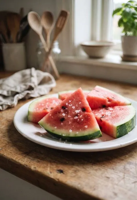 Watermelon wedges sprinkled with flaky sea salt
