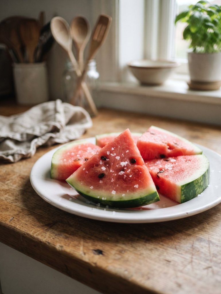 Watermelon wedges sprinkled with flaky sea salt