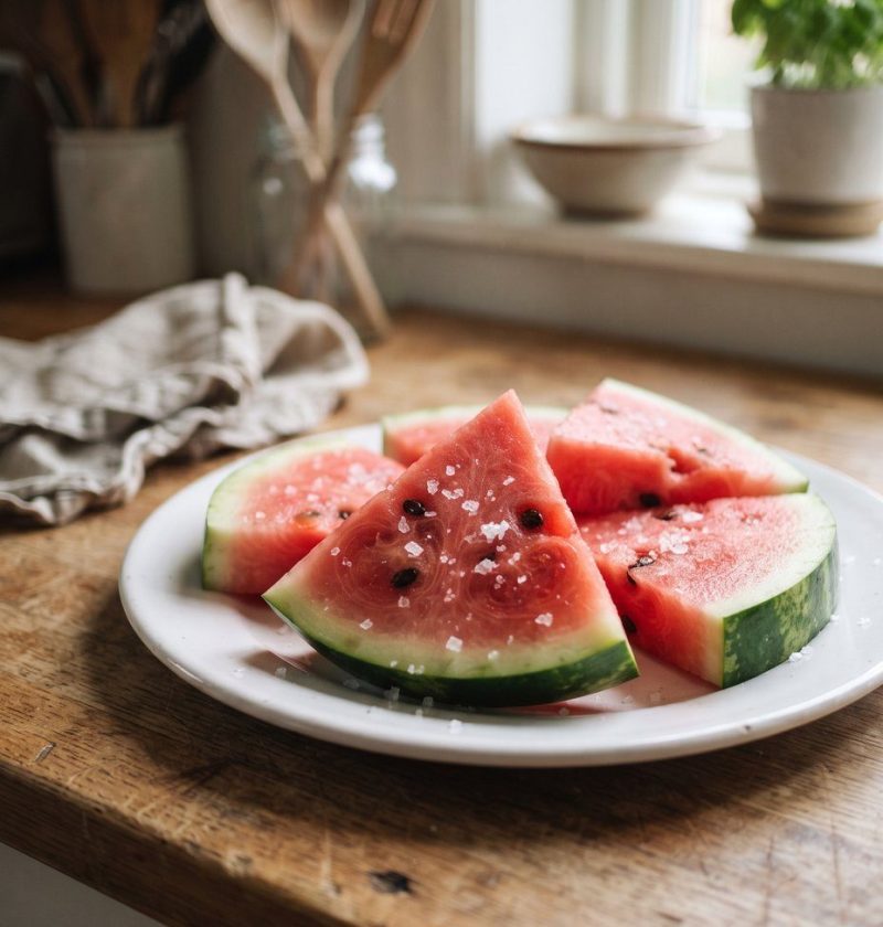 Watermelon wedges sprinkled with flaky sea salt