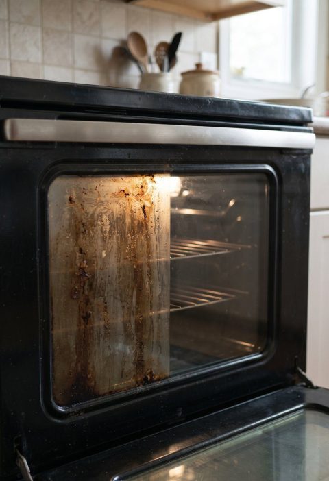 Oven door glass with baked on grease