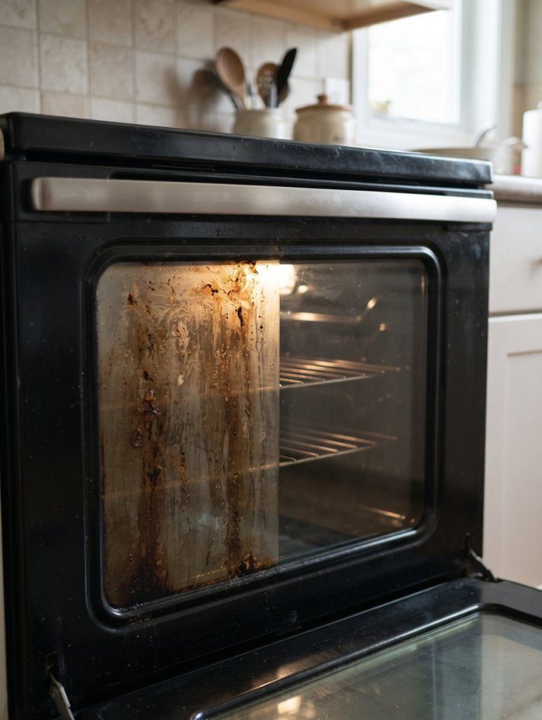 Oven door glass with baked on grease