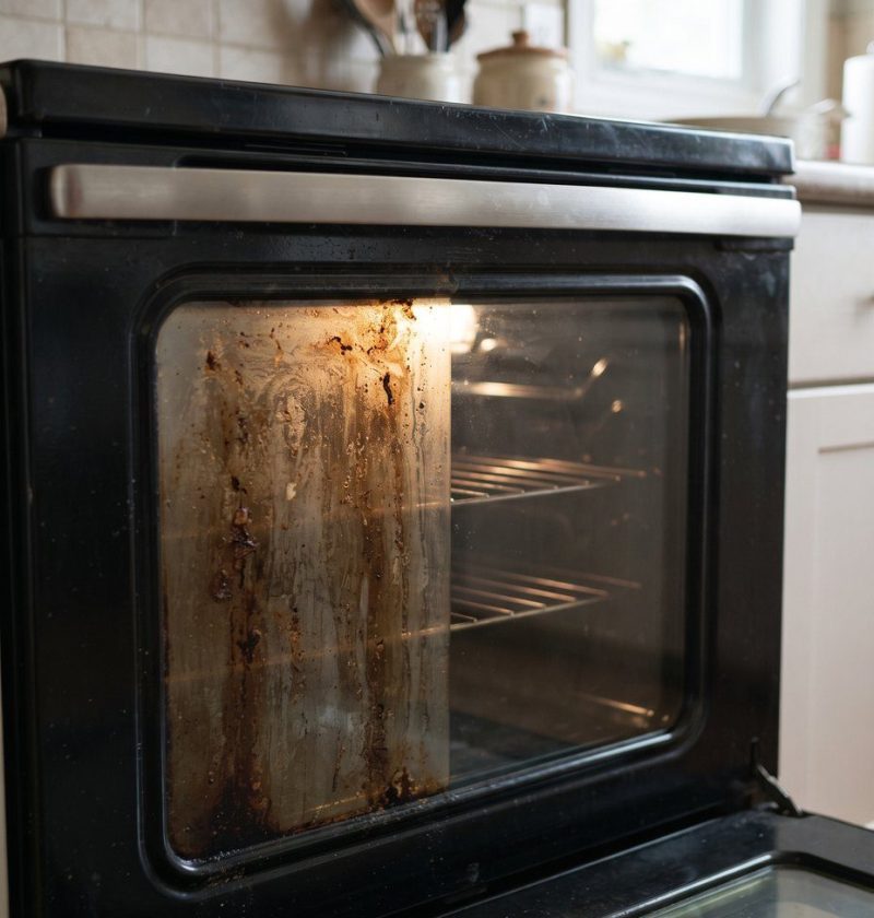 Oven door glass with baked on grease