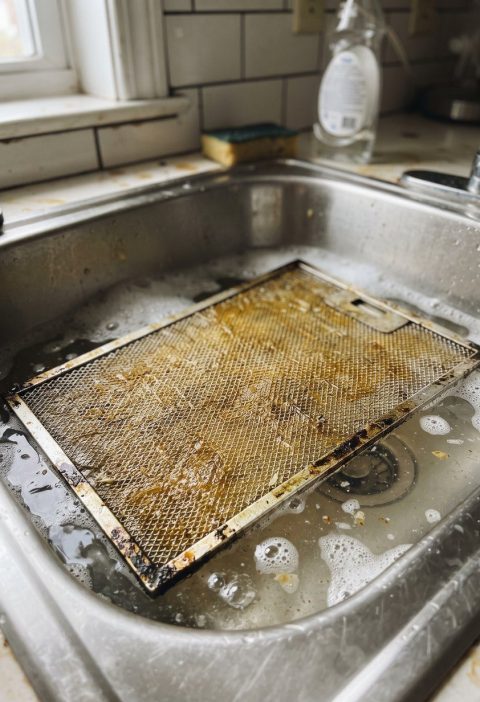 A greasy range hood filter soaking in a sink