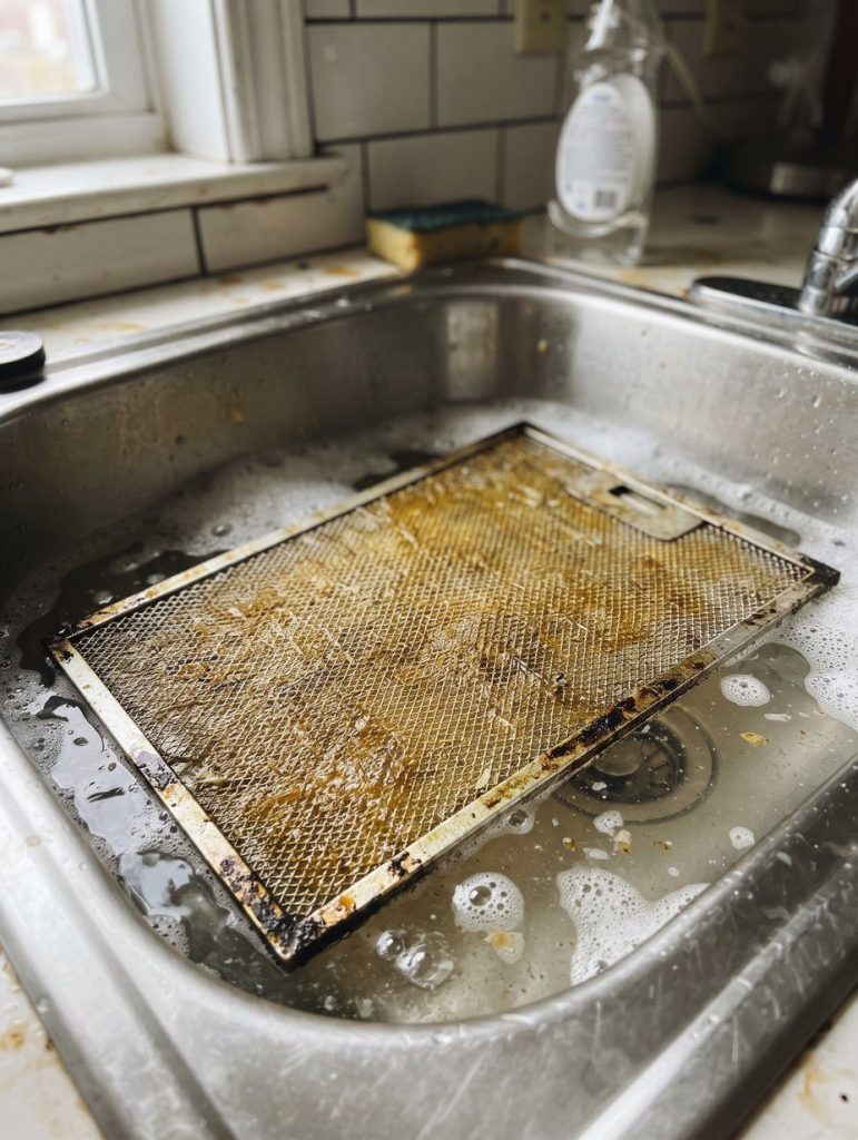 A greasy range hood filter soaking in a sink