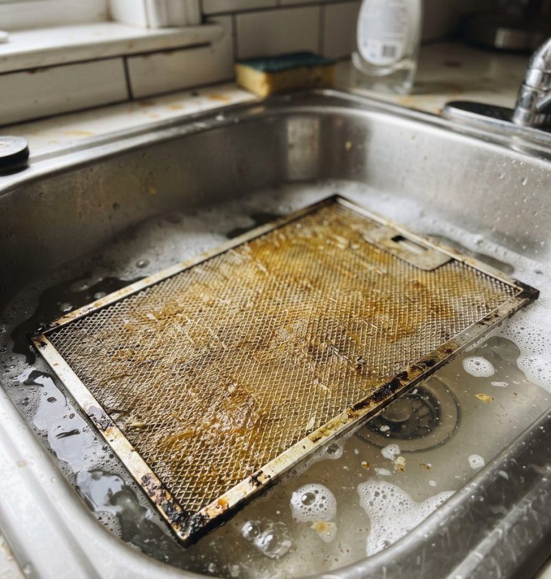 A greasy range hood filter soaking in a sink