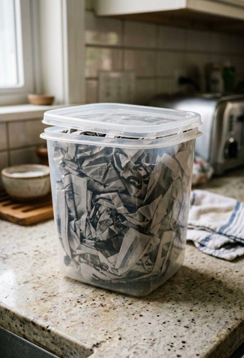 A plastic container packed with crumpled newspaper