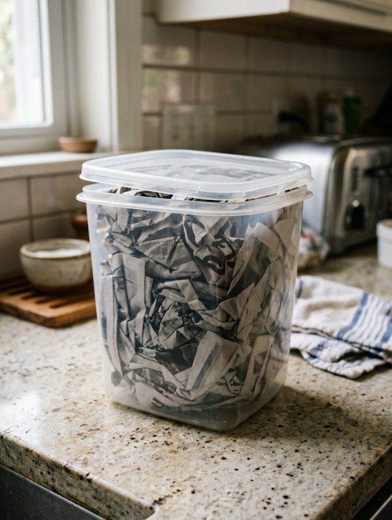 A plastic container packed with crumpled newspaper