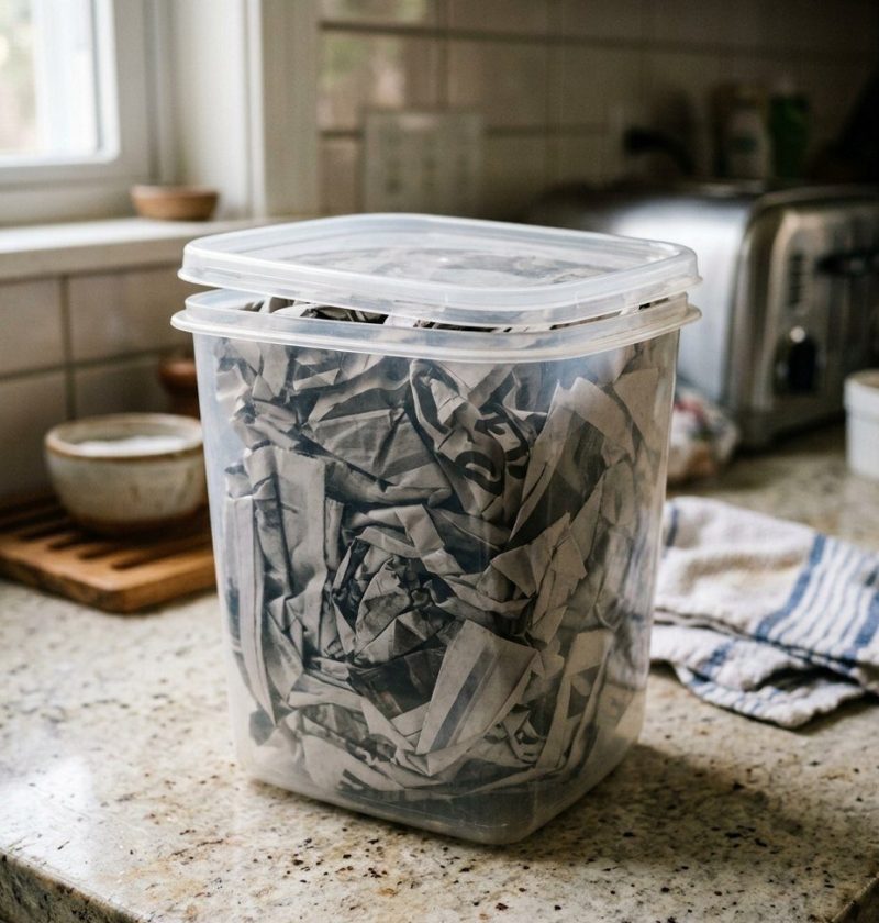 A plastic container packed with crumpled newspaper