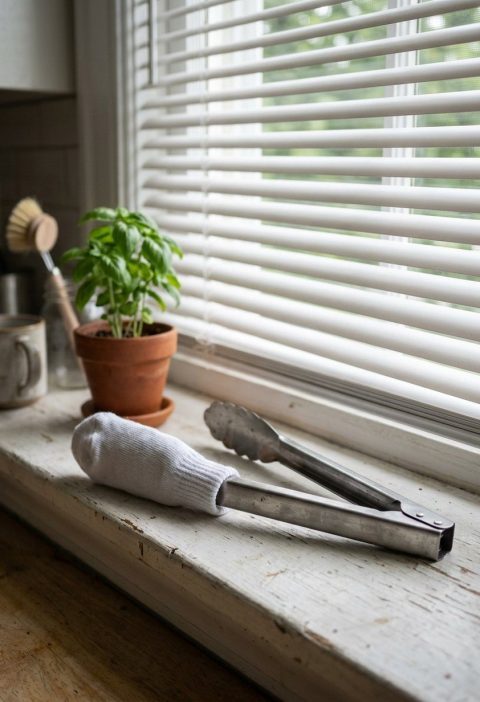 Kitchen tongs with a cotton sock on one arm beside window blinds
