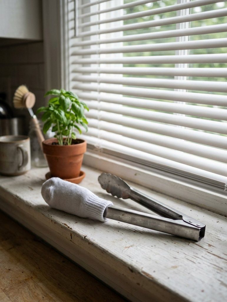 Kitchen tongs with a cotton sock on one arm beside window blinds