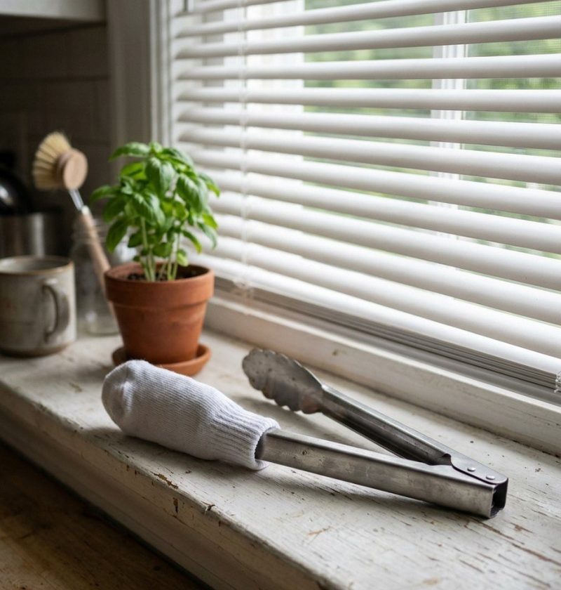 Kitchen tongs with a cotton sock on one arm beside window blinds