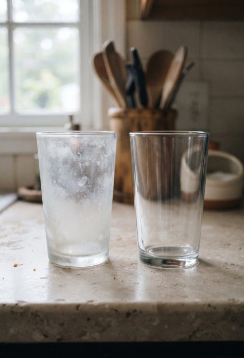 Two glasses side by side, one cloudy with white film and one clear