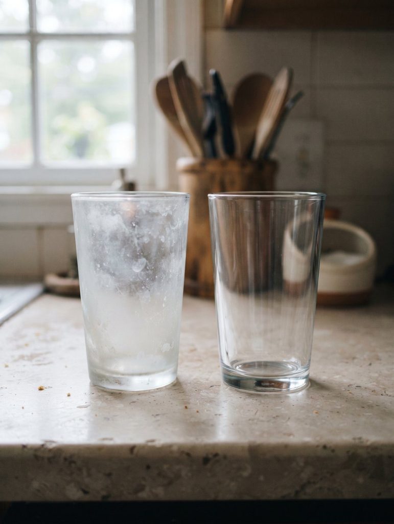 Two glasses side by side, one cloudy with white film and one clear