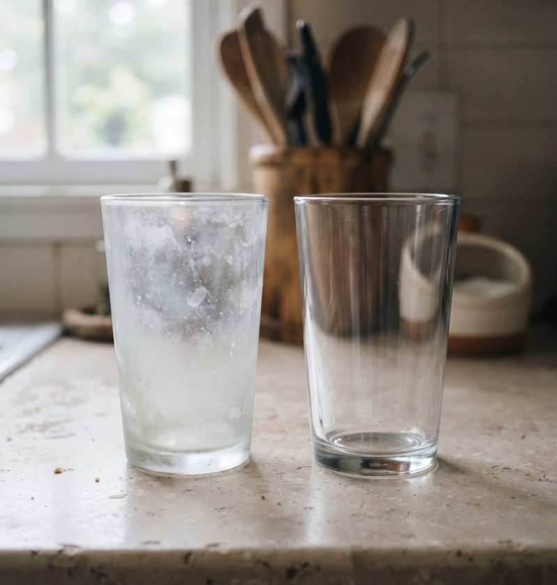 Two glasses side by side, one cloudy with white film and one clear