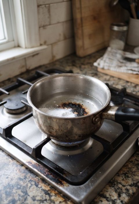 A saucepan with a burnt black bottom on a stovetop