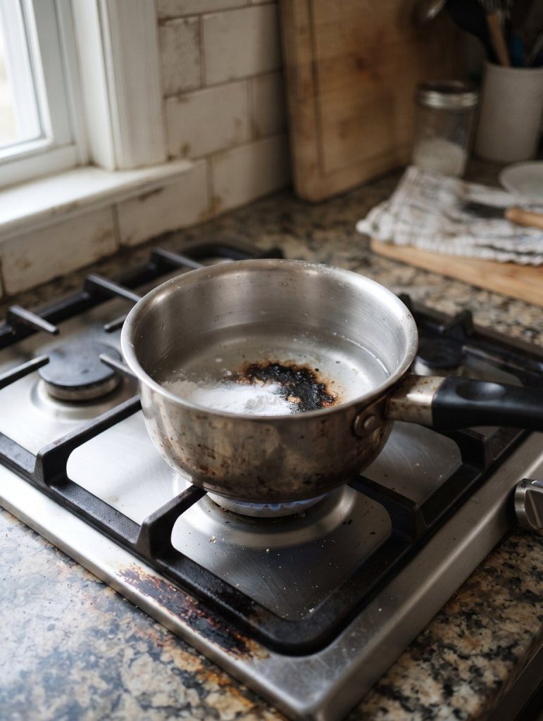 A saucepan with a burnt black bottom on a stovetop