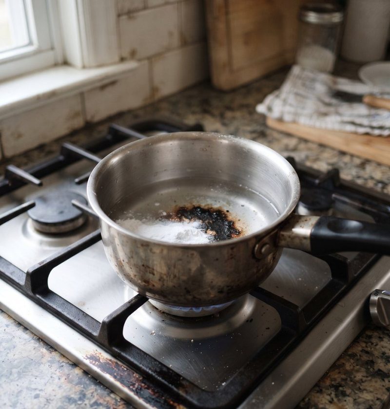 A saucepan with a burnt black bottom on a stovetop
