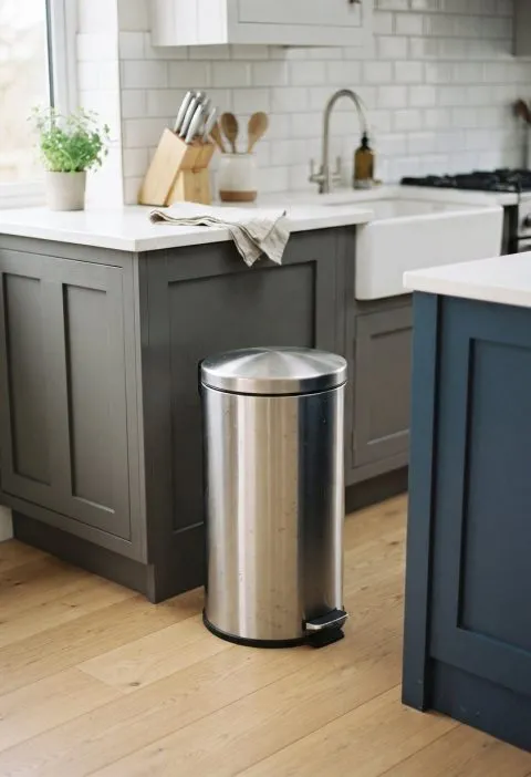 A clean stainless steel pedal trash can in a kitchen
