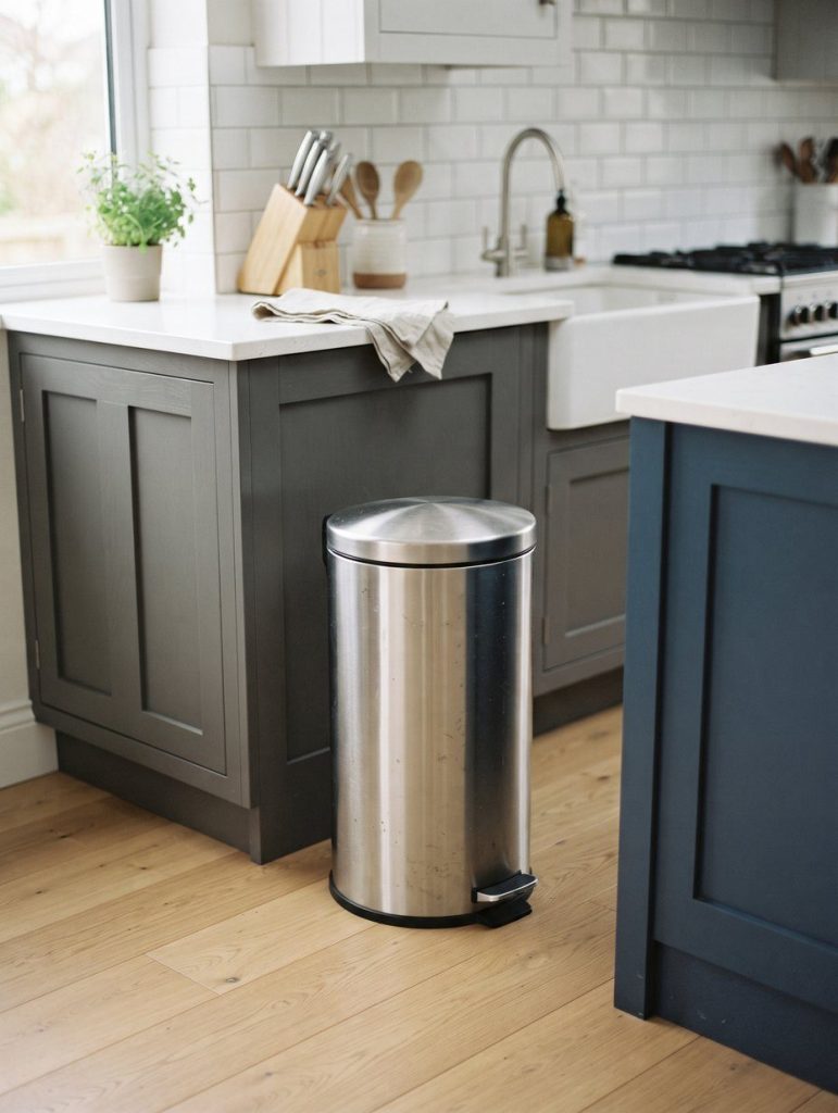 A clean stainless steel pedal trash can in a kitchen