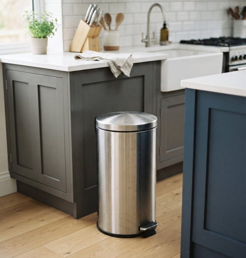 A clean stainless steel pedal trash can in a kitchen