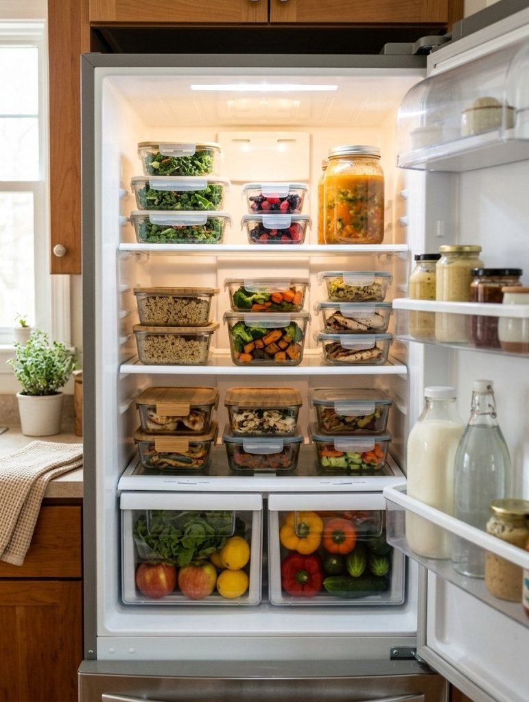 The inside of a clean organised refrigerator