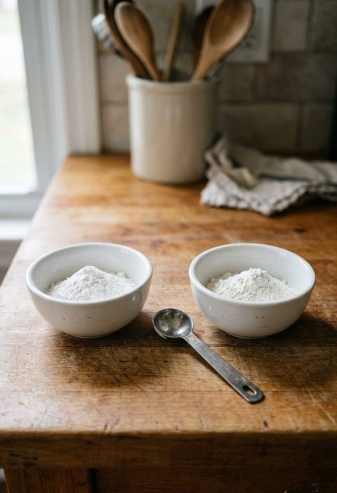 Two small bowls of white powder side by side with a measuring spoon