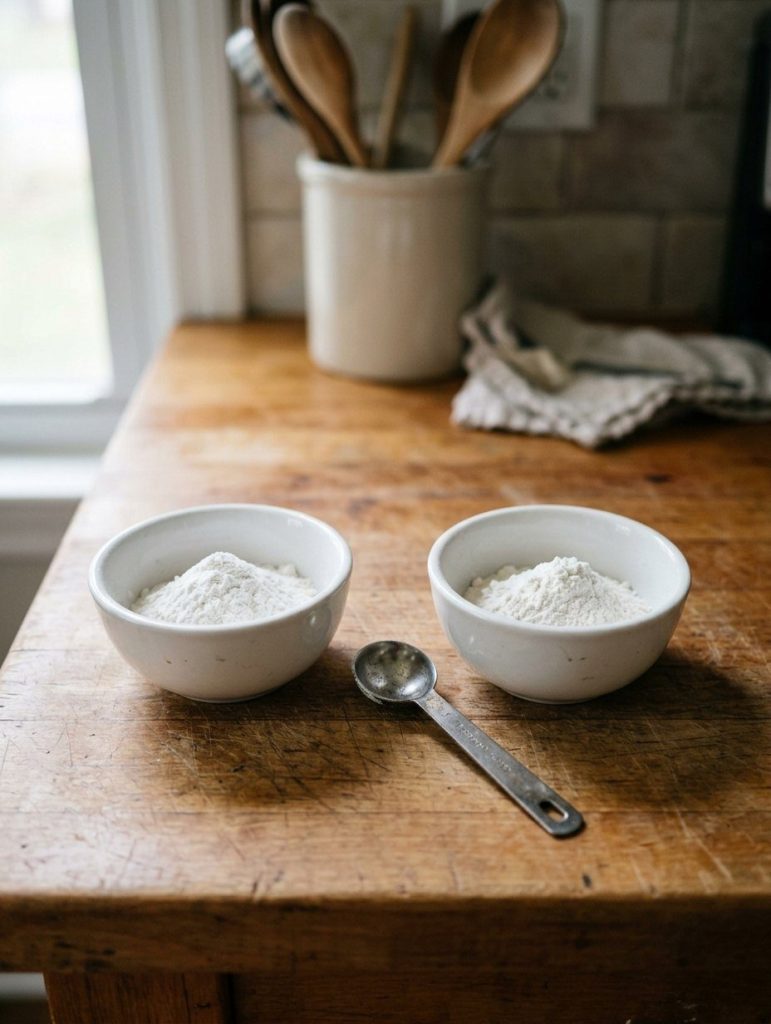 Two small bowls of white powder side by side with a measuring spoon