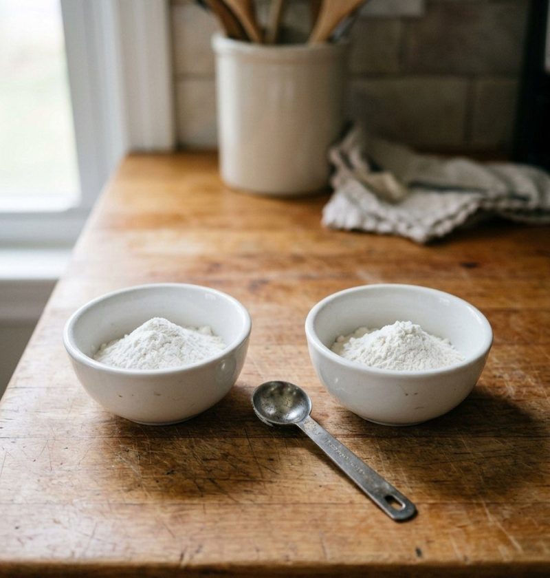 Two small bowls of white powder side by side with a measuring spoon