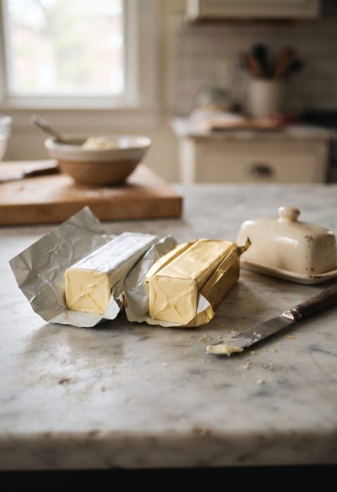Two sticks of butter on a counter, one gold foil one silver