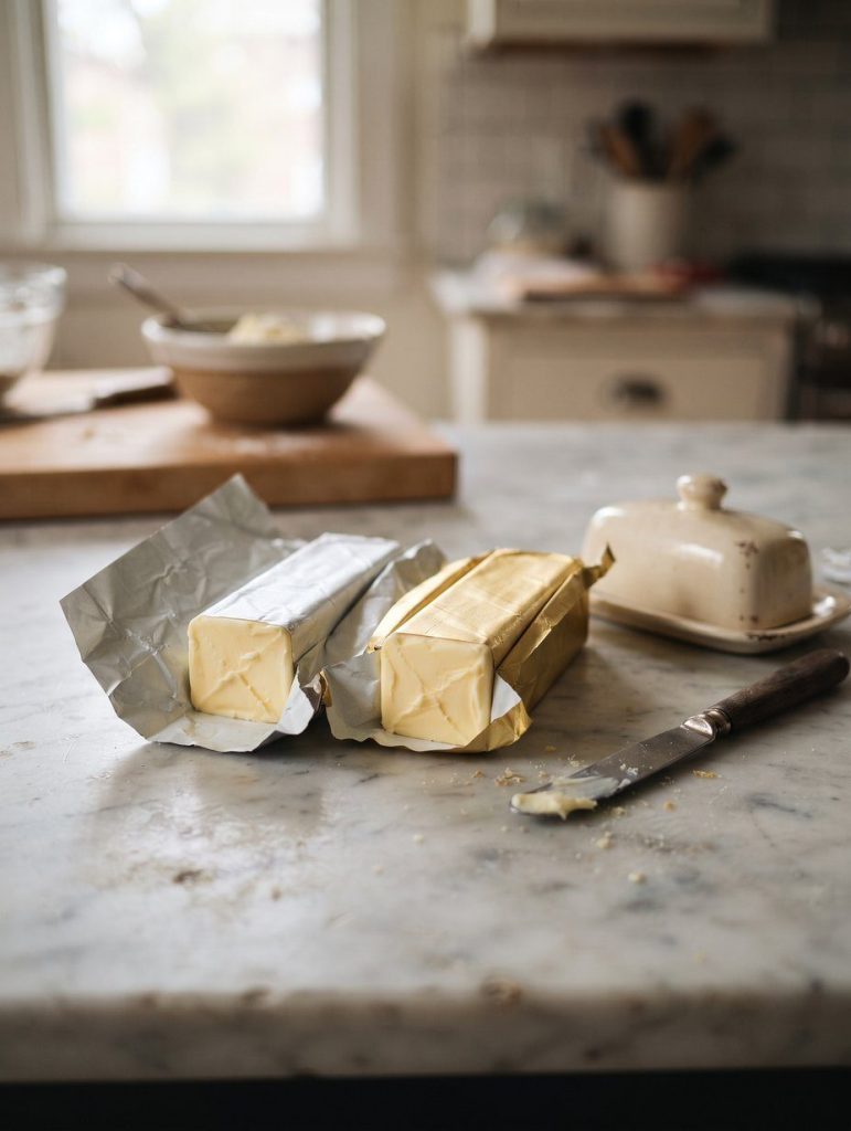 Two sticks of butter on a counter, one gold foil one silver
