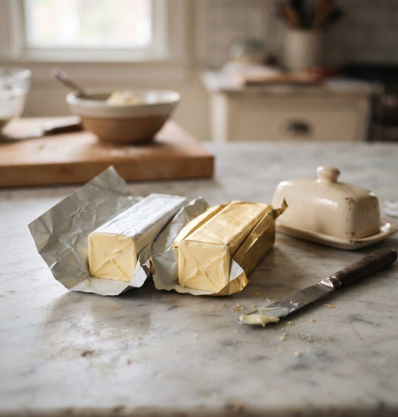 Two sticks of butter on a counter, one gold foil one silver