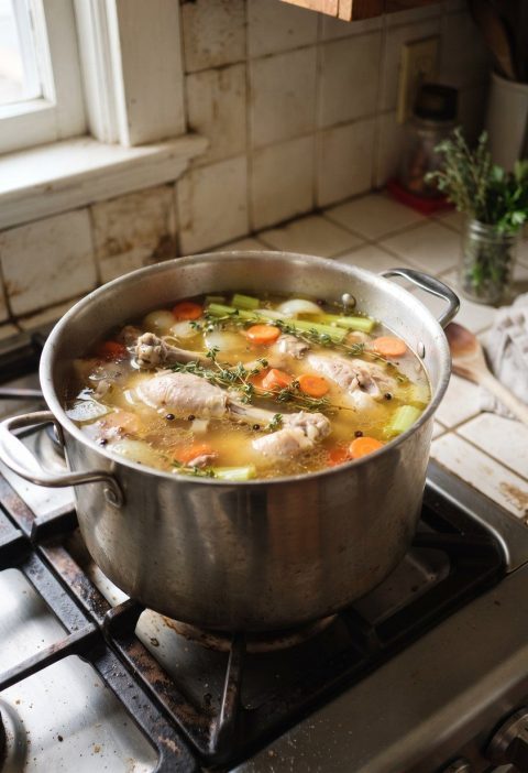 A pot of golden broth simmering with chicken bones and vegetables
