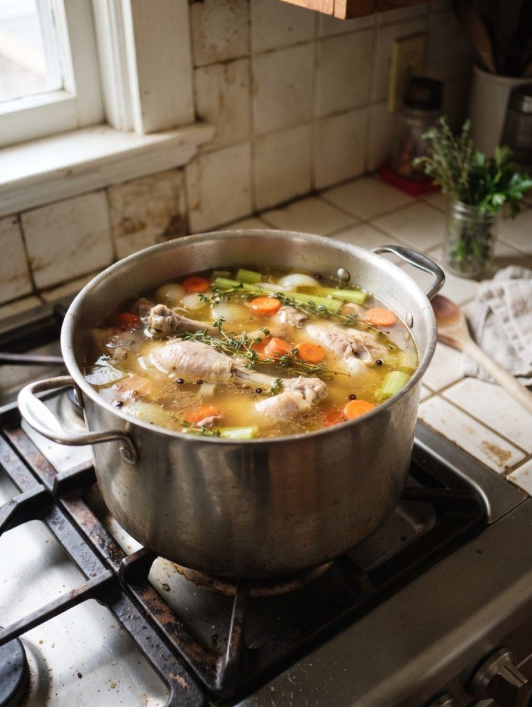 A pot of golden broth simmering with chicken bones and vegetables