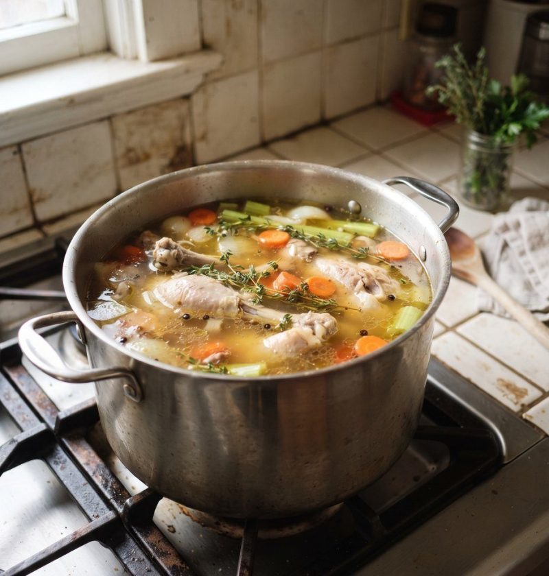 A pot of golden broth simmering with chicken bones and vegetables