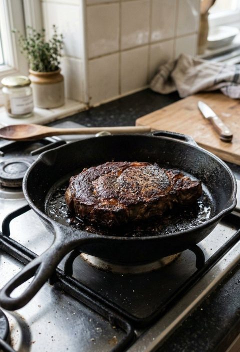 A seared steak resting in a cast iron skillet